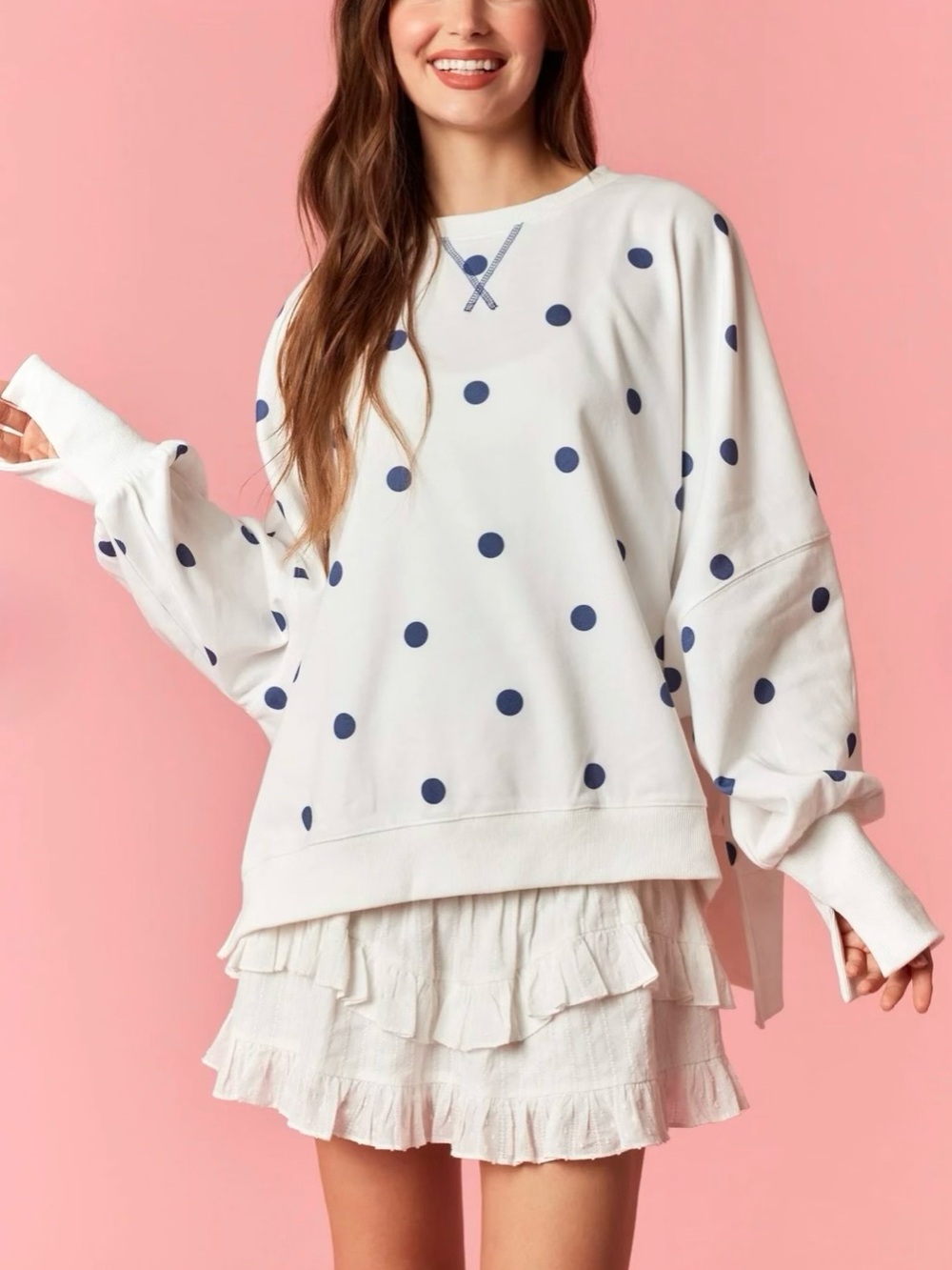 Sassy Off White With Navy Polka Dots Oversized Sweatshirt